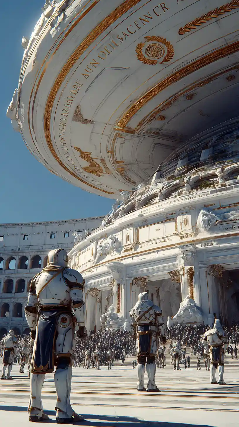 Futuristic Roman spaceport with colossal disc spacecraft landing