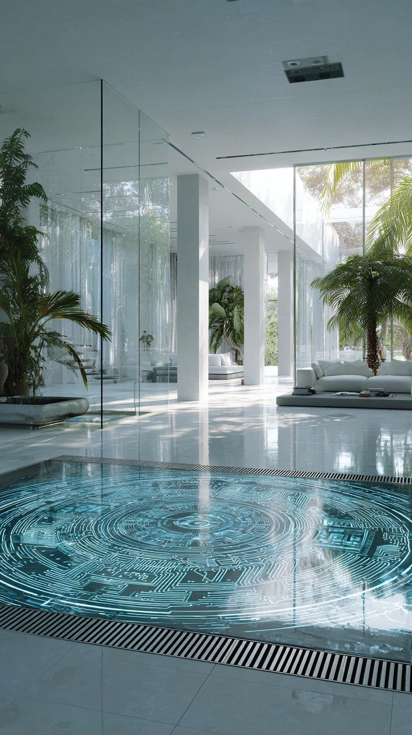Luxury modern Roman villa interior with glass walls