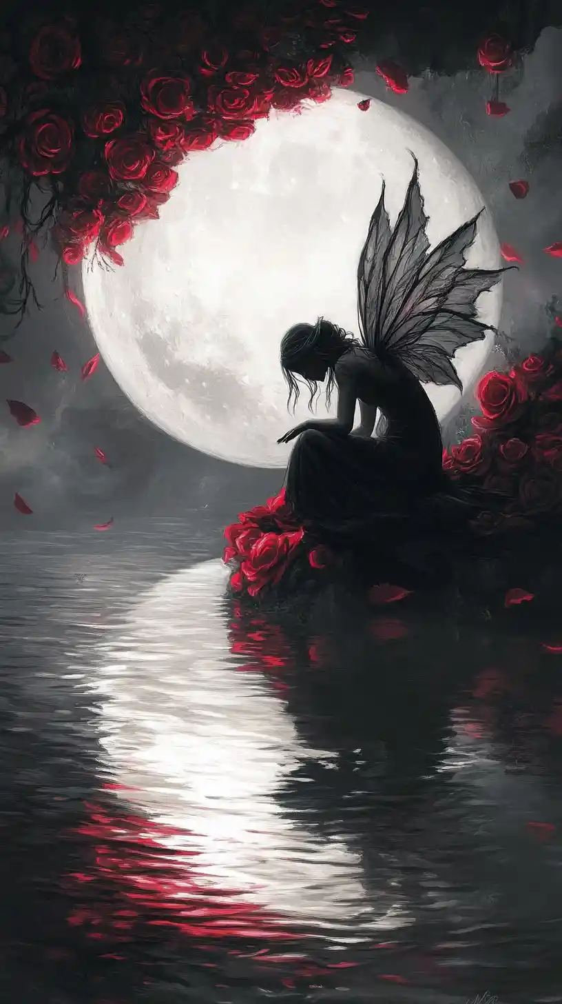 Fairy By Broken Crescent Moon Reflected In Dark Water