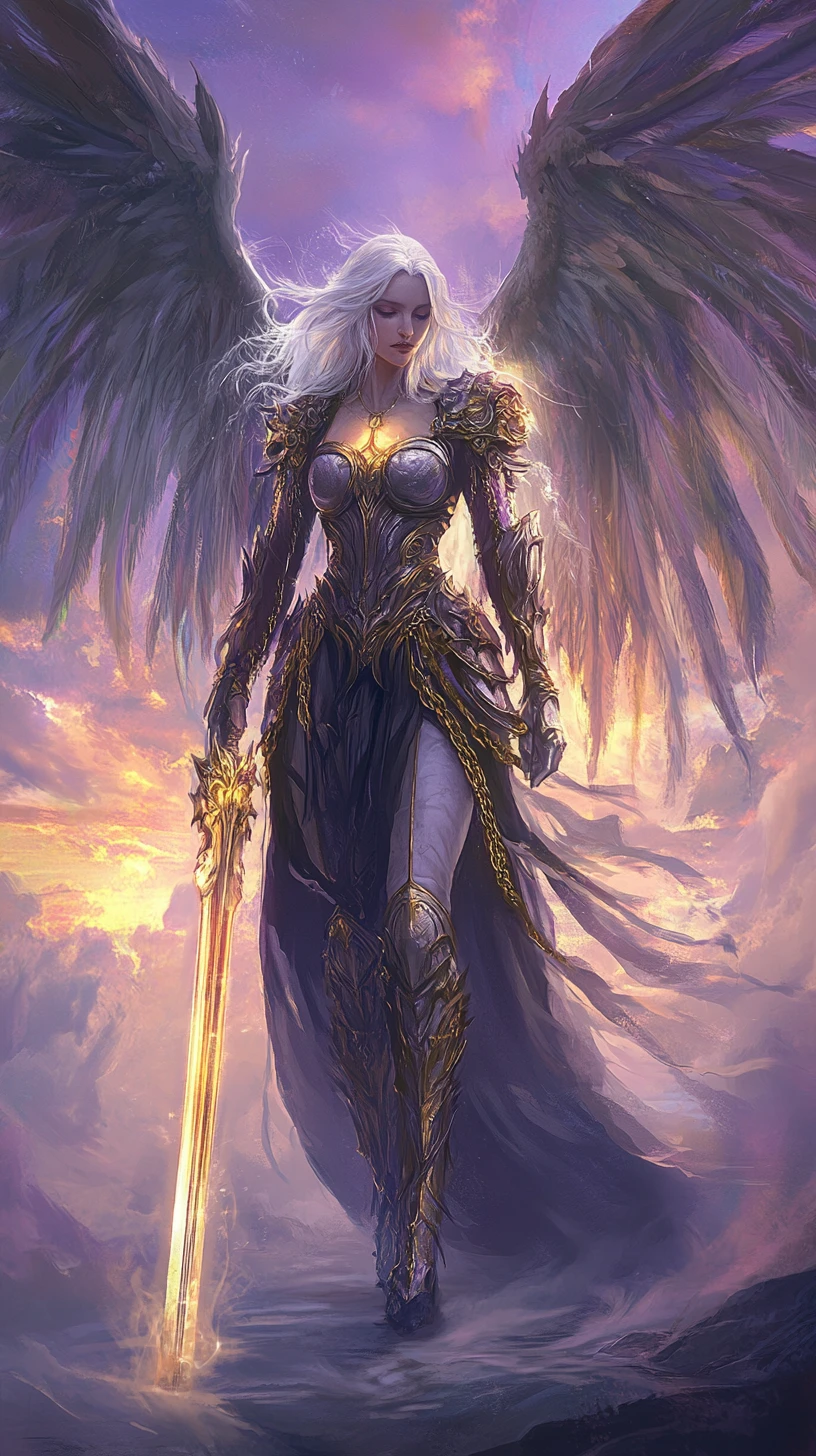 Divine warrior woman with golden wings at twilight