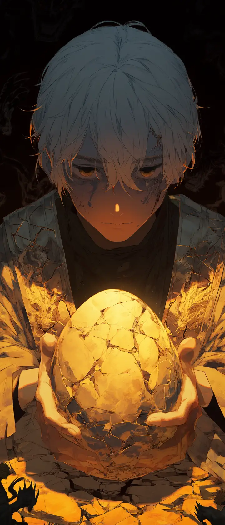 Silver haired anime prince before a dark iron throne