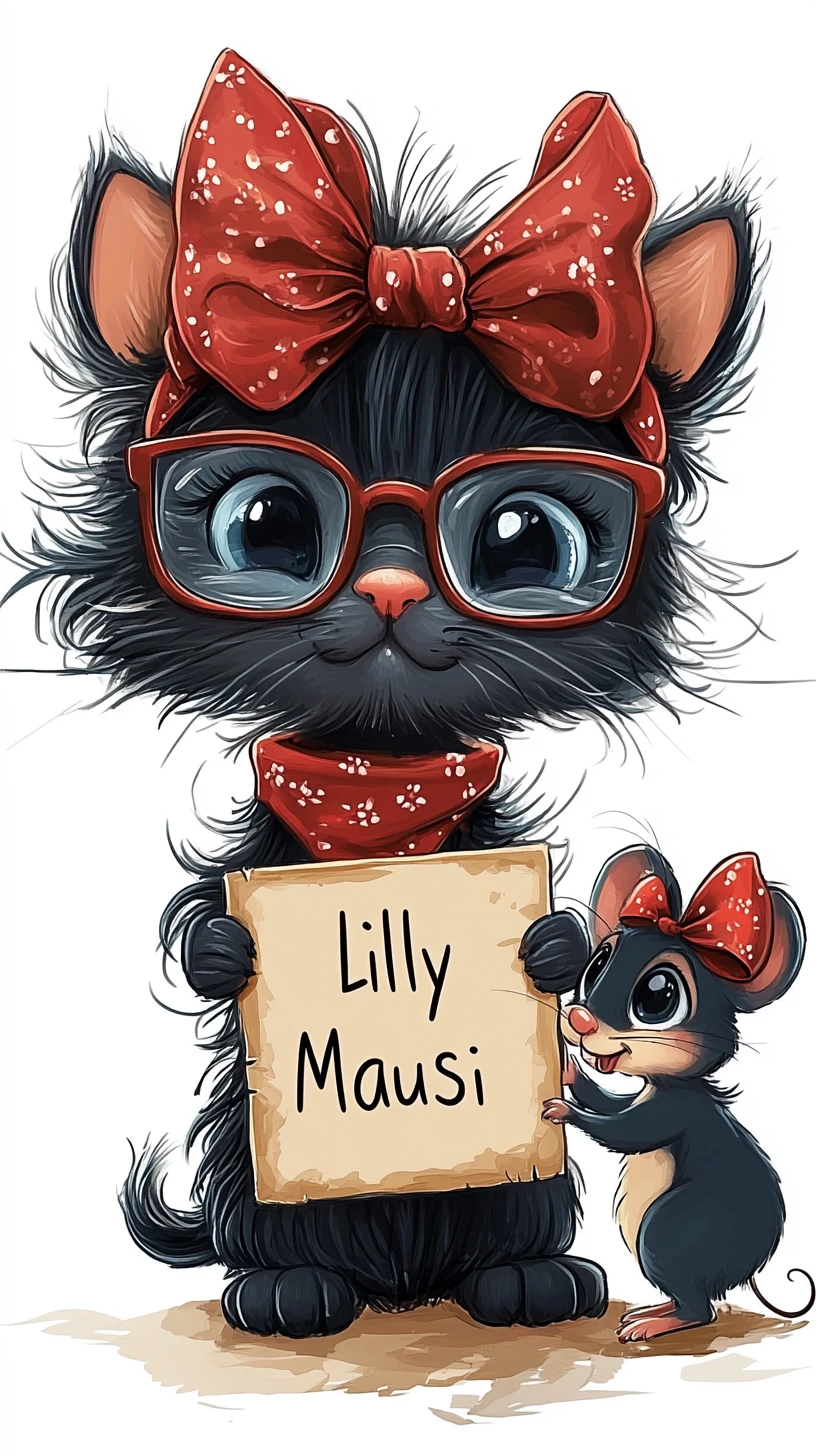 Shaggy black cat named Lilly with mouse friend holding signs