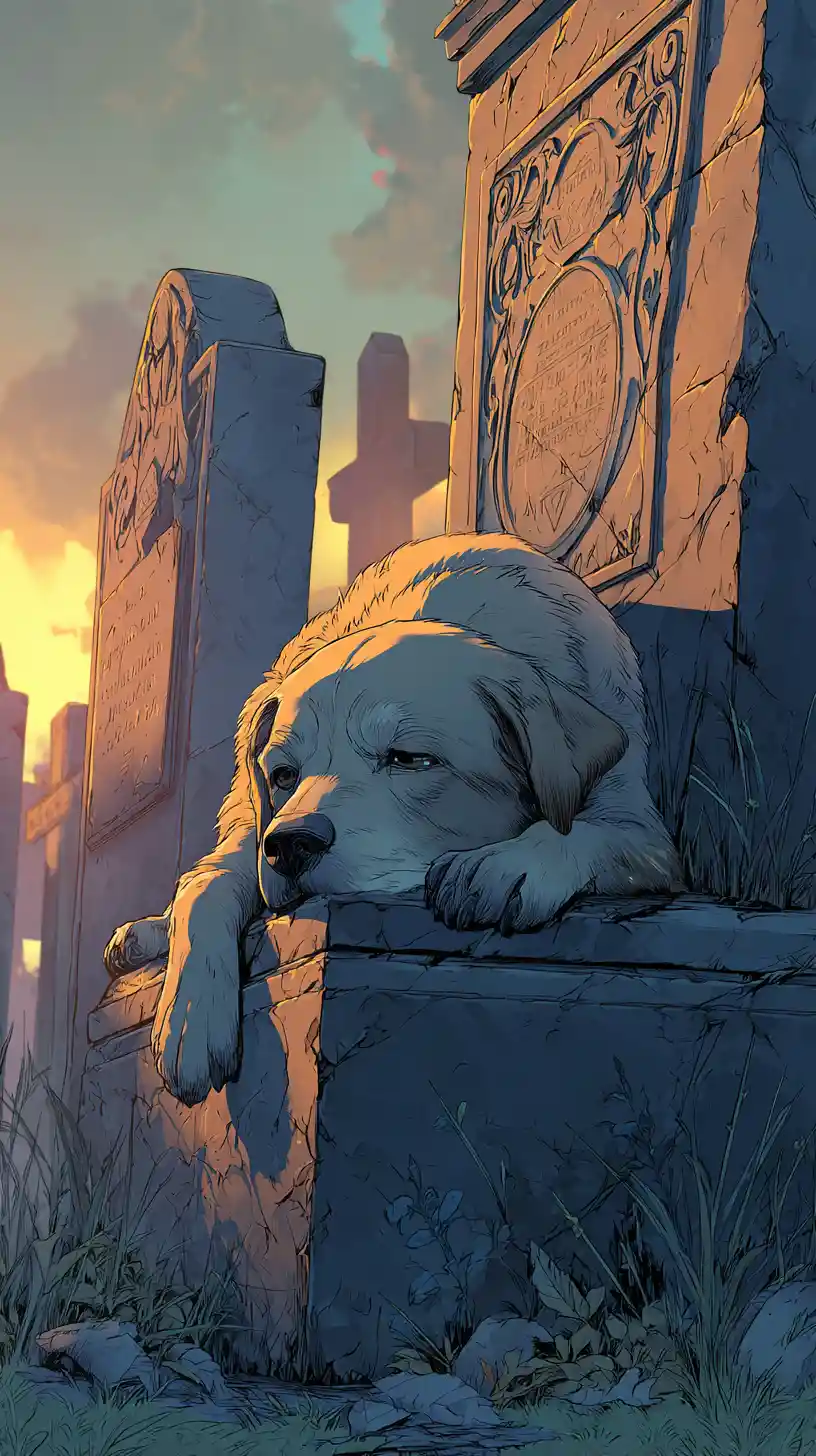 Trauriger Anime-Hund, der bei Sonnenuntergang auf einem alten Grabstein ruht