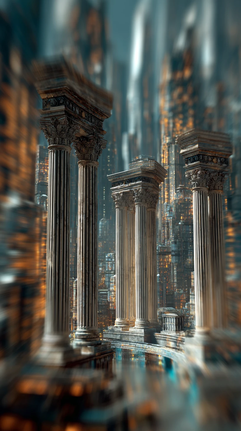 Horizonte de ciudad romana futurista con torres de vidrio y metal