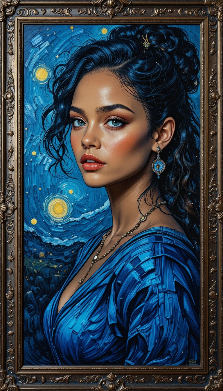 Donna sotto un cielo notturno vorticoso in ritratto a olio