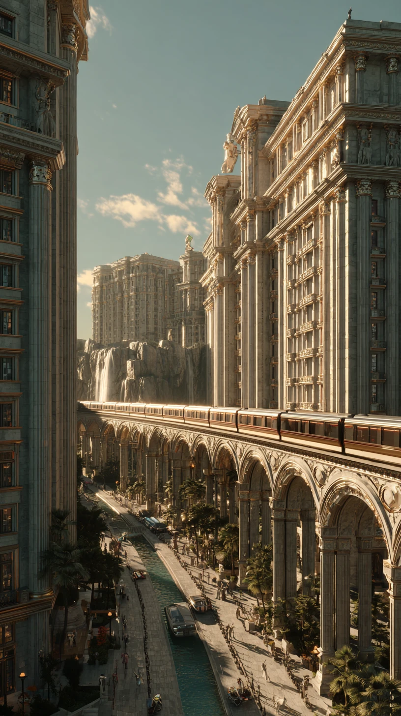 Horizonte de ciudad romana futurista con imponentes rascacielos de mármol
