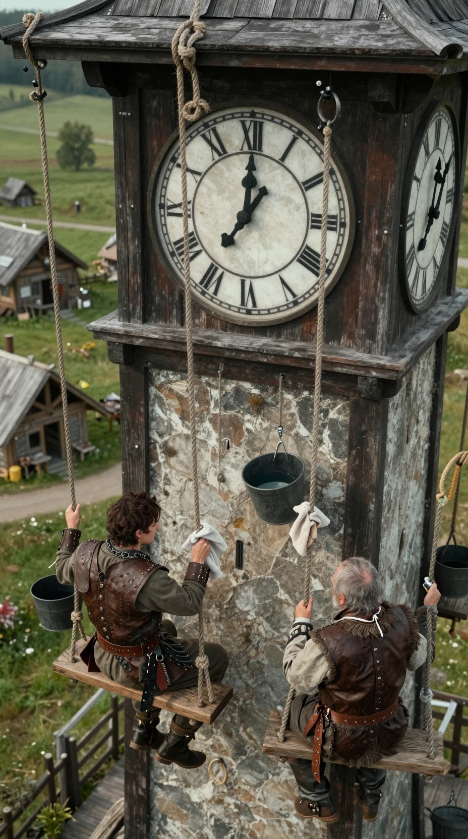 Dos hombres en columpios de cuerda limpiando una enorme esfera de reloj