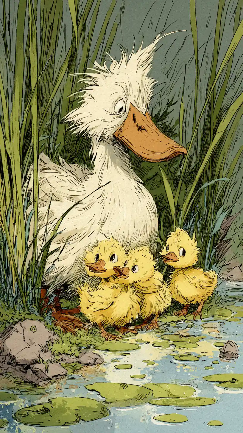 Verspielte Entenfamilie an einem Teich in Comic‑Illustration