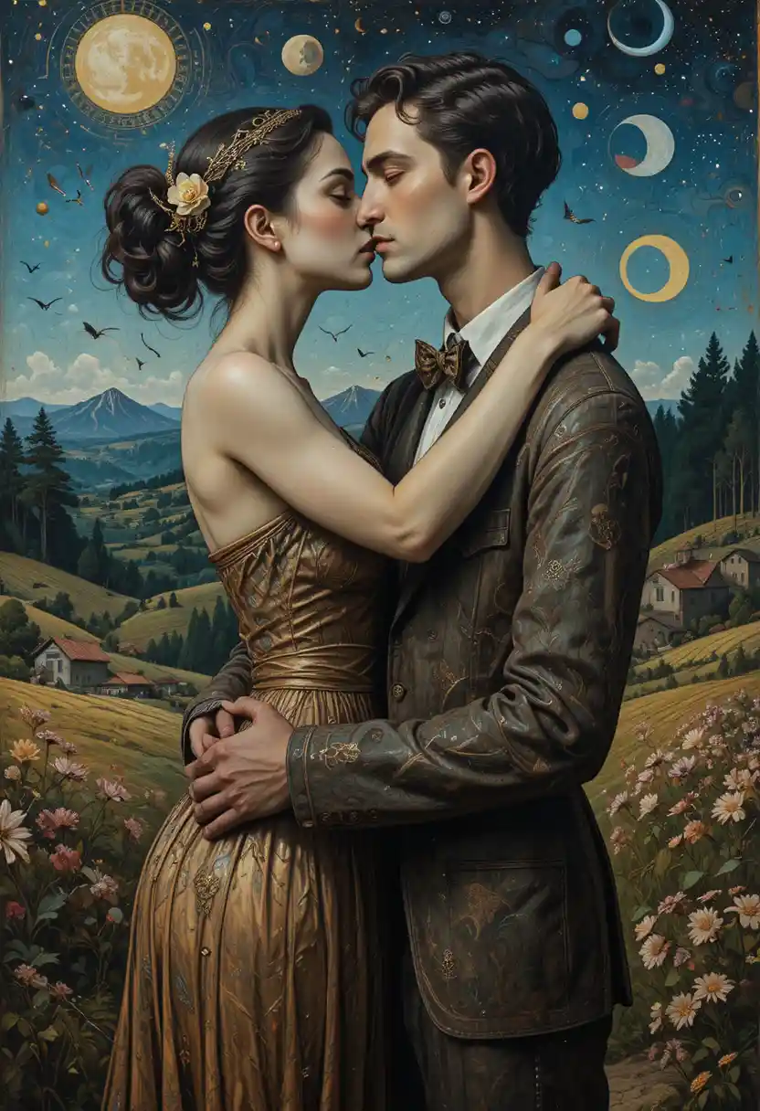 Surrealist lovers tenderly embracing in a metaphysical scene