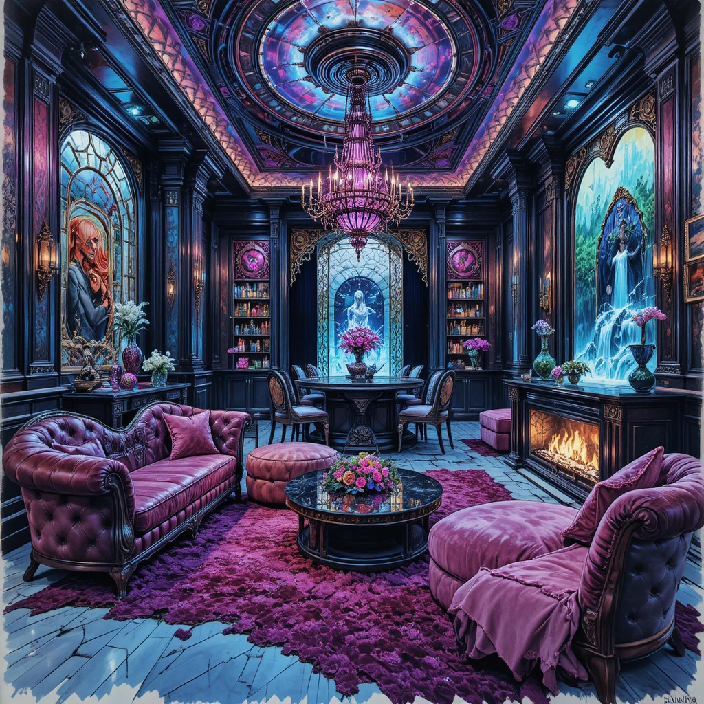 Moody interior living room with wet bar and water feature