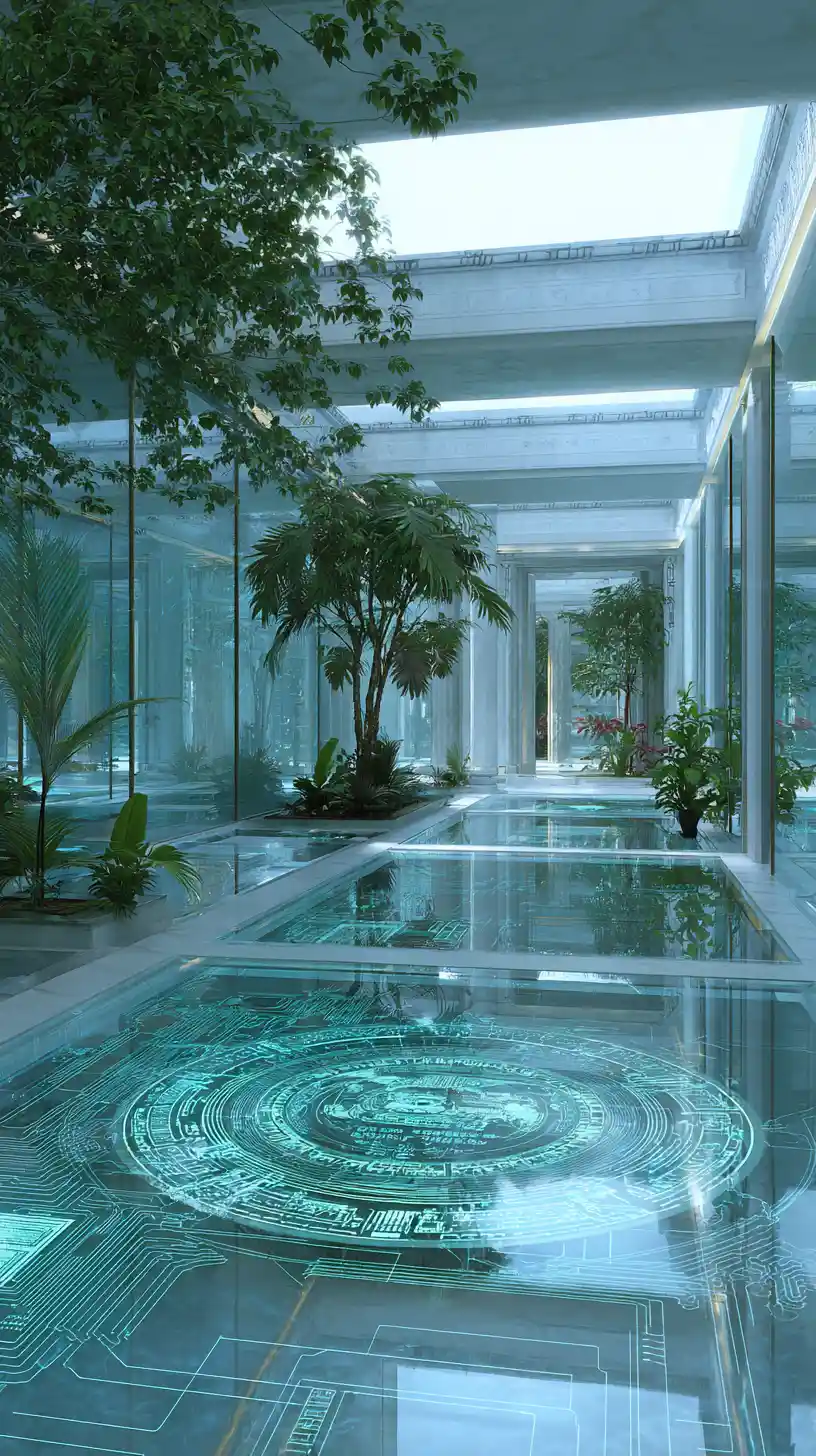 Luxuriöses modernes römisches Villeninterieur mit Glaswänden und Atrium