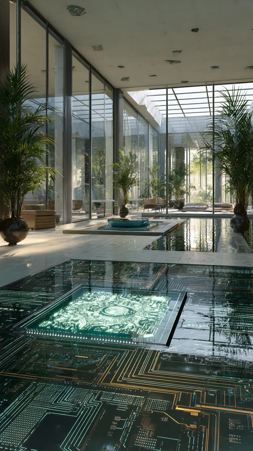 Interni di lussuosa villa romana moderna con vista su atrio in vetro