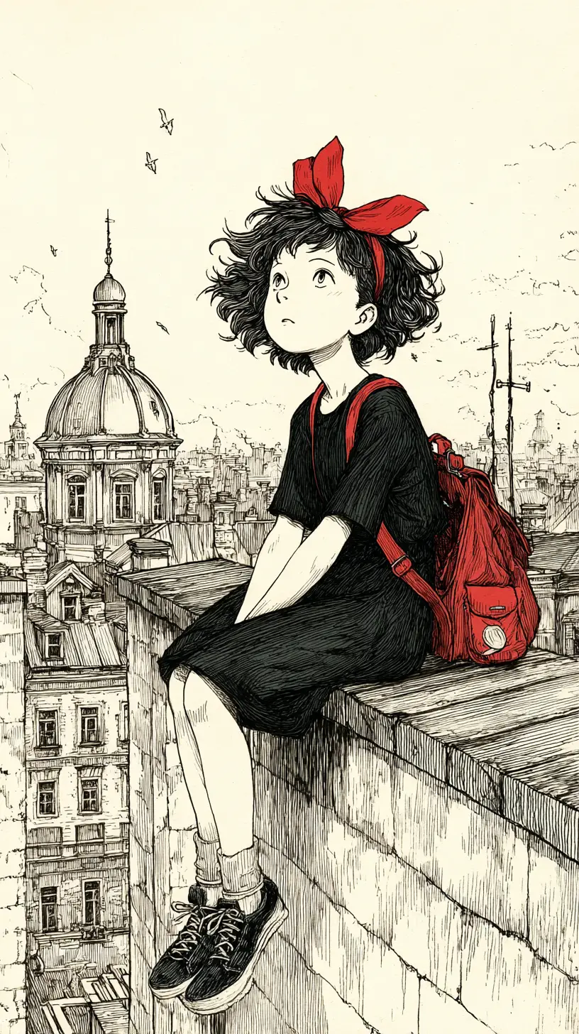 Anime girl on a high rooftop in a European city