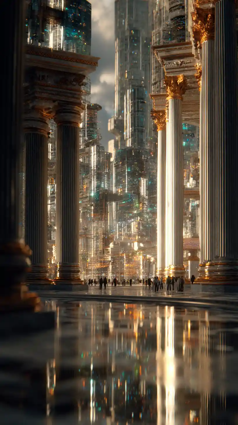 Horizonte de cidade romana futurista com torres de vidro e metal