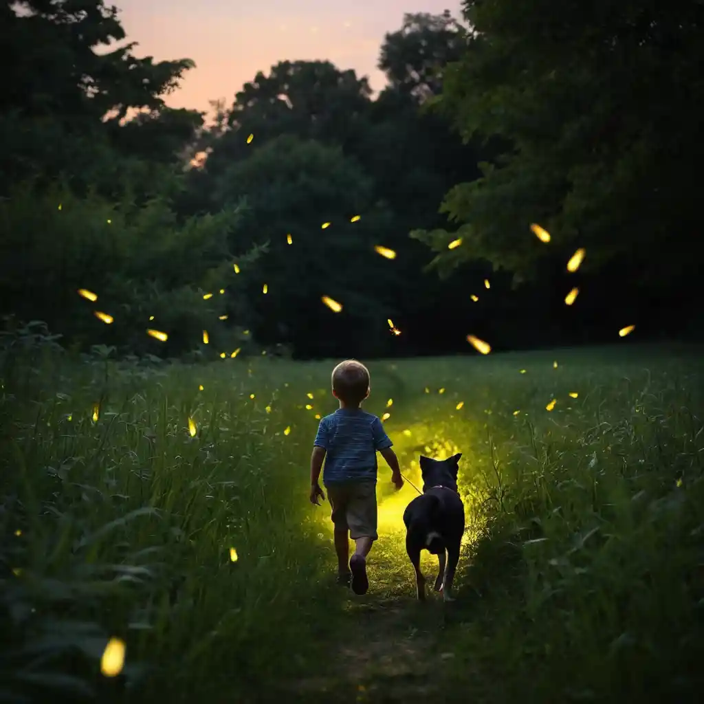 Niño Persiguiendo Luciérnagas con su Perro en un Campo al Atardecer