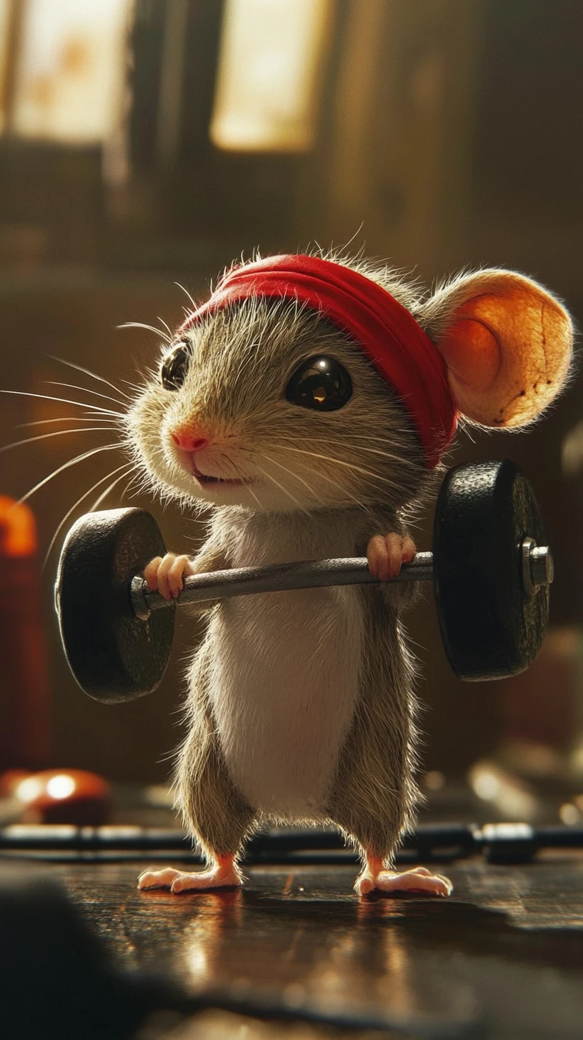 Determined cartoon mouse lifting a tiny dumbbell