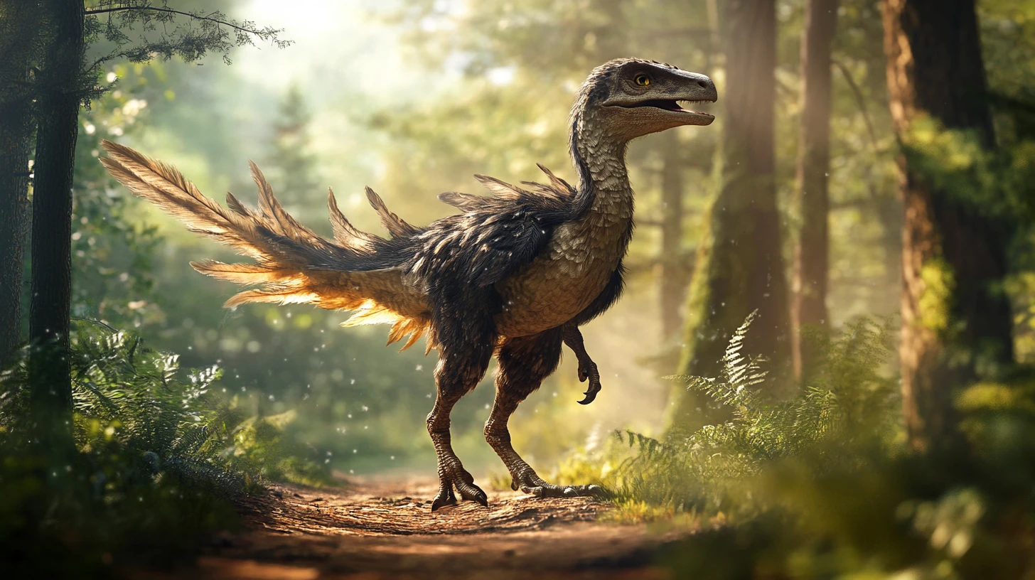 Feathered Utahraptor Standing On A Quiet Forest Trail