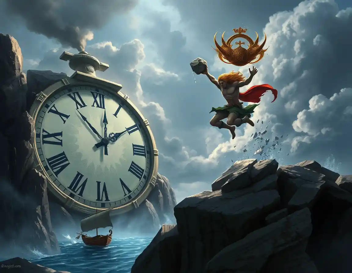 Surreal man leaping by melting clock on rocky cliff