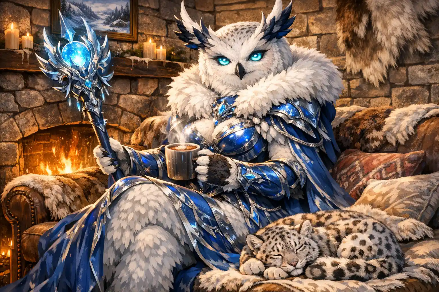 Armored owl warrior woman relaxing in a cozy cabin