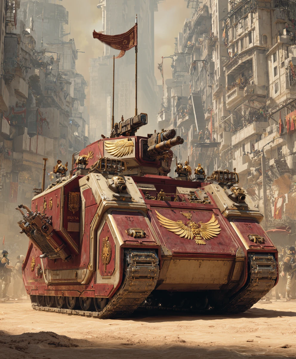 Tanque onagro de inspiración romana en una calle de ciudad moderna en ruinas