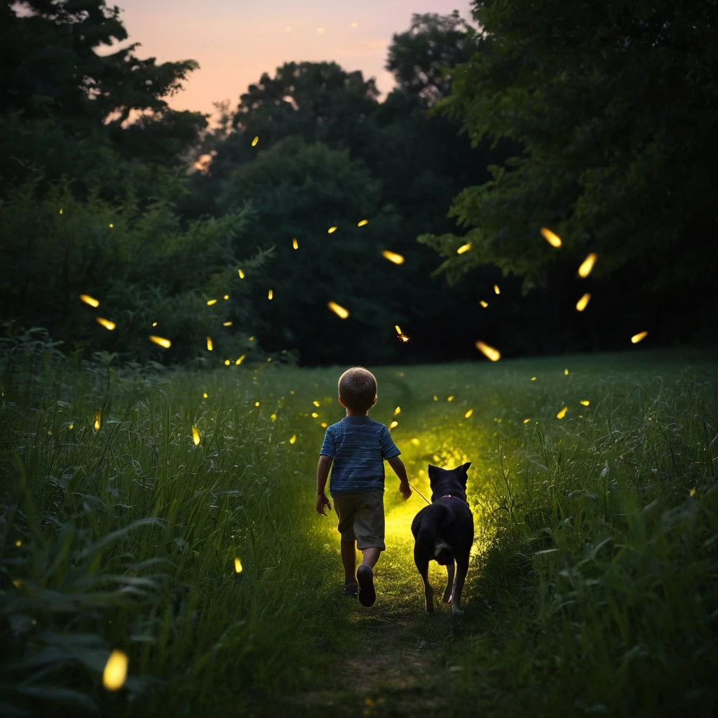 Niño Persiguiendo Luciérnagas con su Perro en un Campo al Atardecer