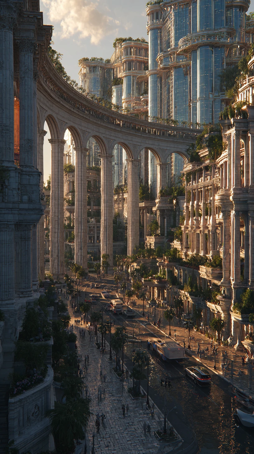 Futuristische Skyline einer römischen Stadt mit Marmortürmen bei Sonnenuntergang