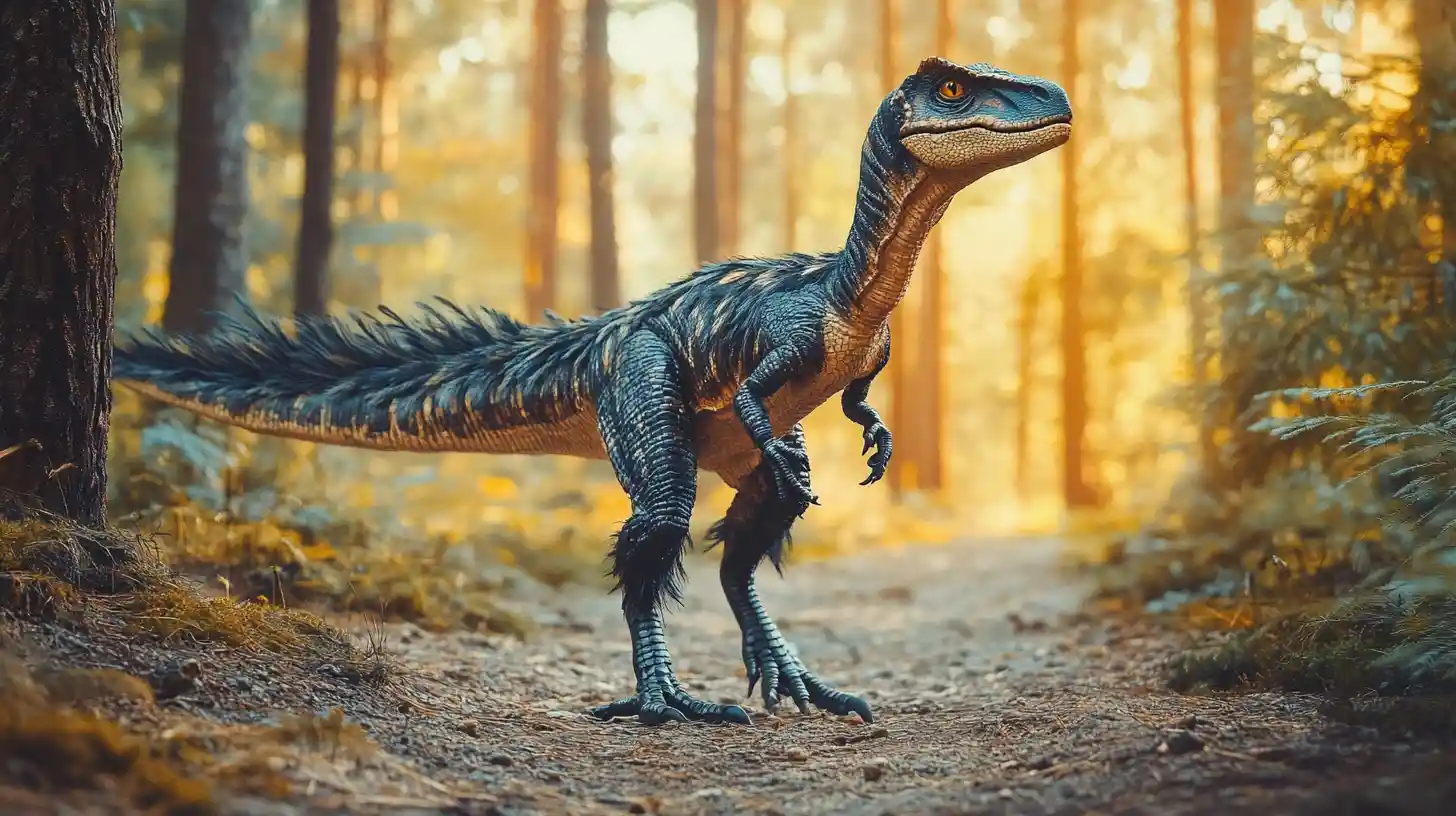 Feathered Utahraptor Standing Alert On A Forest Trail