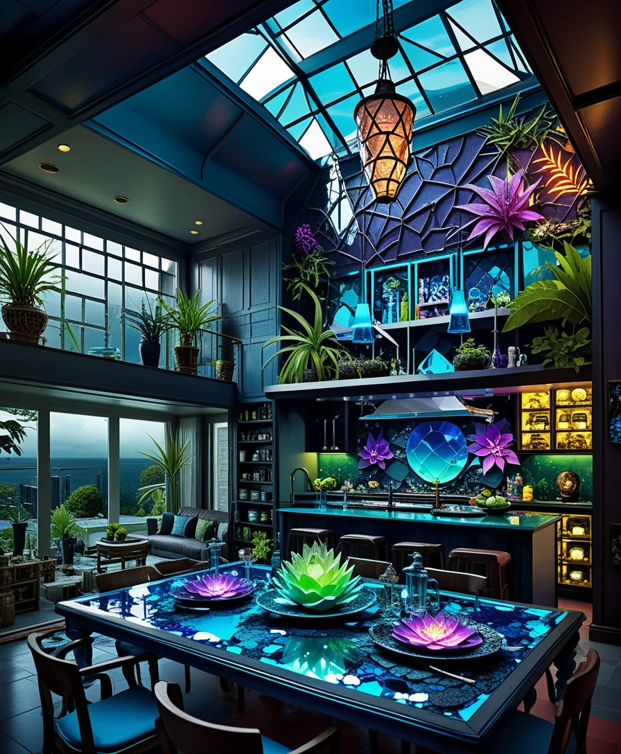 Comedor miniatura isométrico con bar y dormitorio en el piso superior