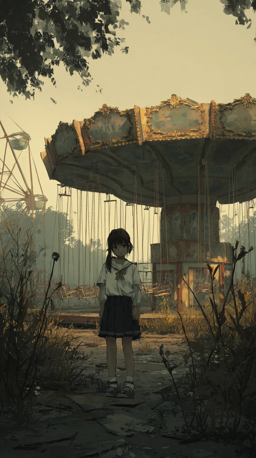Sad anime girl in an abandoned evening playground
