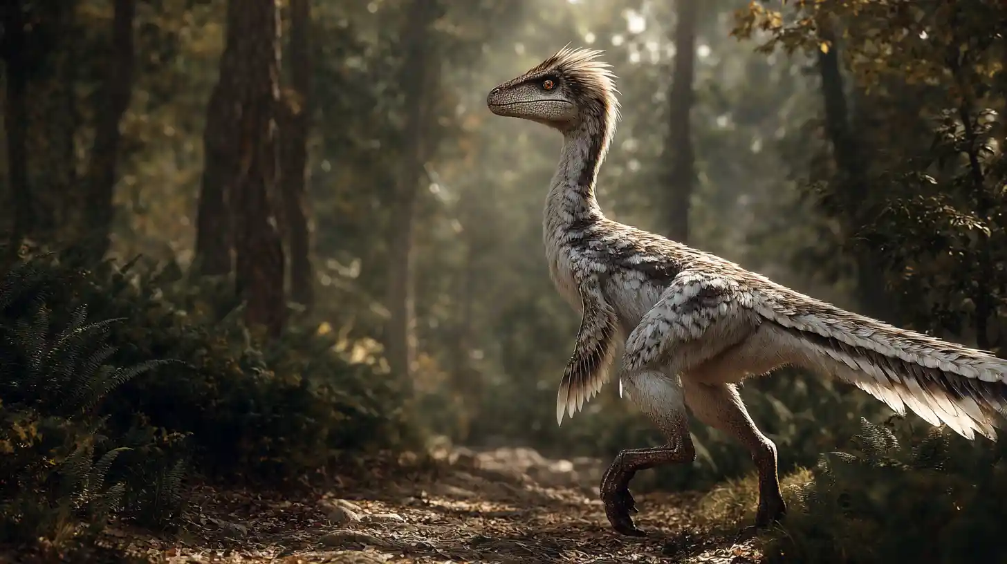 Dinosaurio emplumado de pie tranquilamente en un sendero del bosque