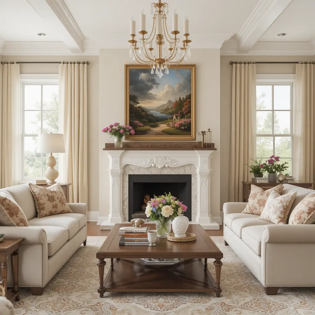 Sala de estar bohemia con acentos beige en renderizado 3D