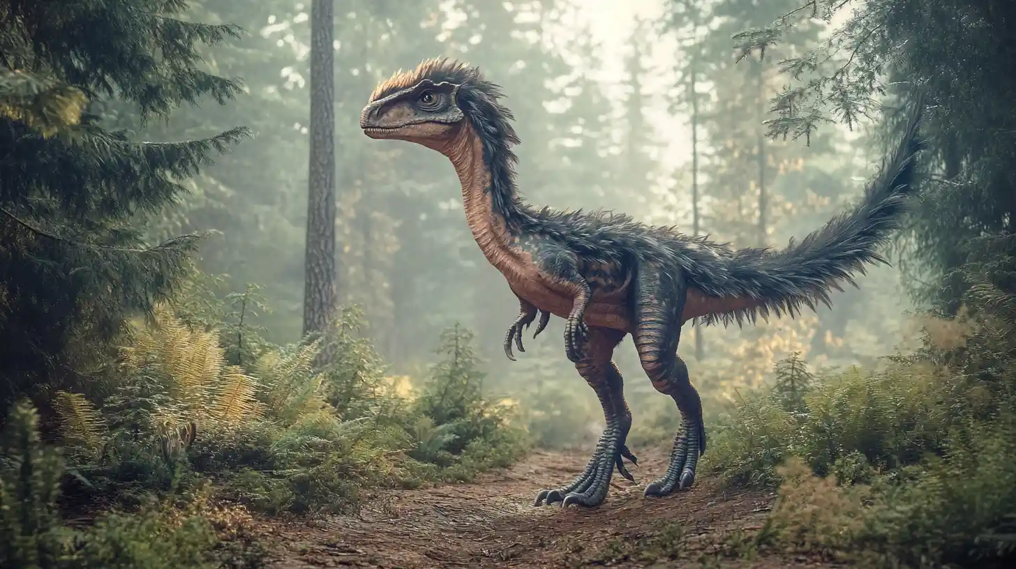 Feathered Utahraptor Standing On A Quiet Forest Trail
