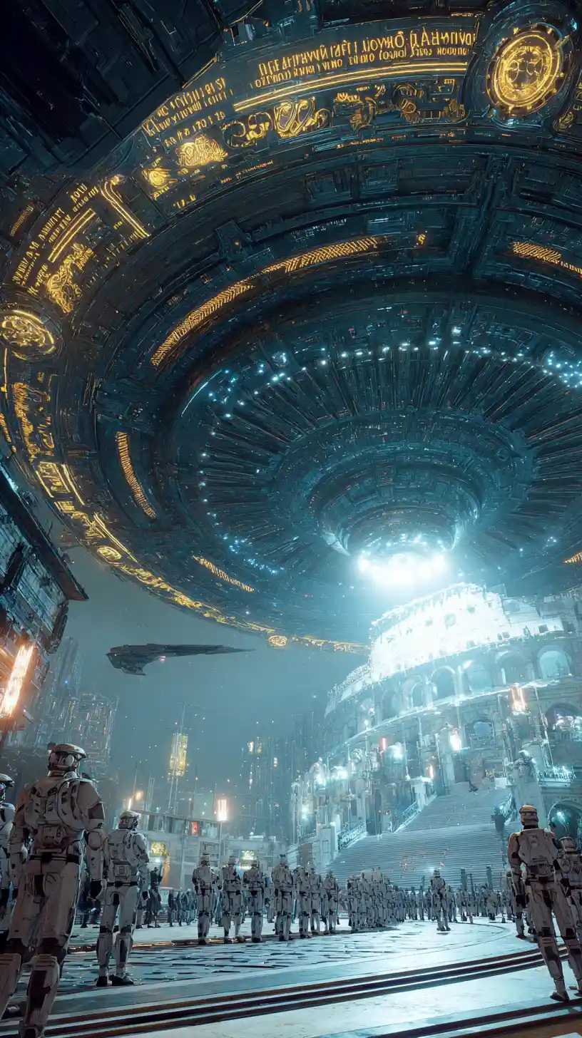 Futuristic Roman spaceship landing beside a high tech colosseum