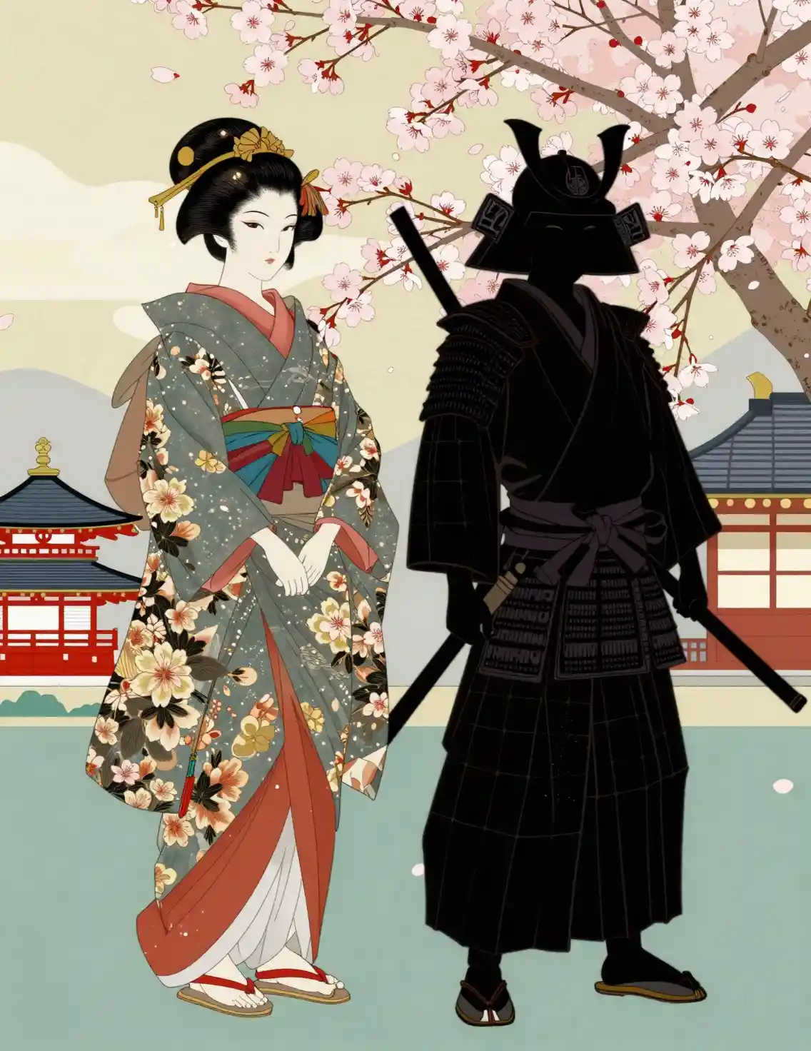 Silhouetted geisha and samurai with cherry blossoms backdrop