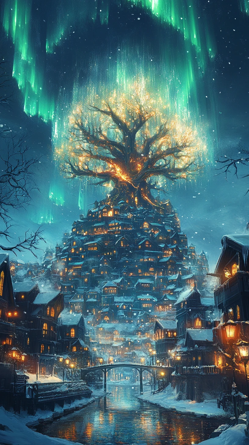 Città fantasy invernale sotto l’aurora e un colossale Albero del Mondo