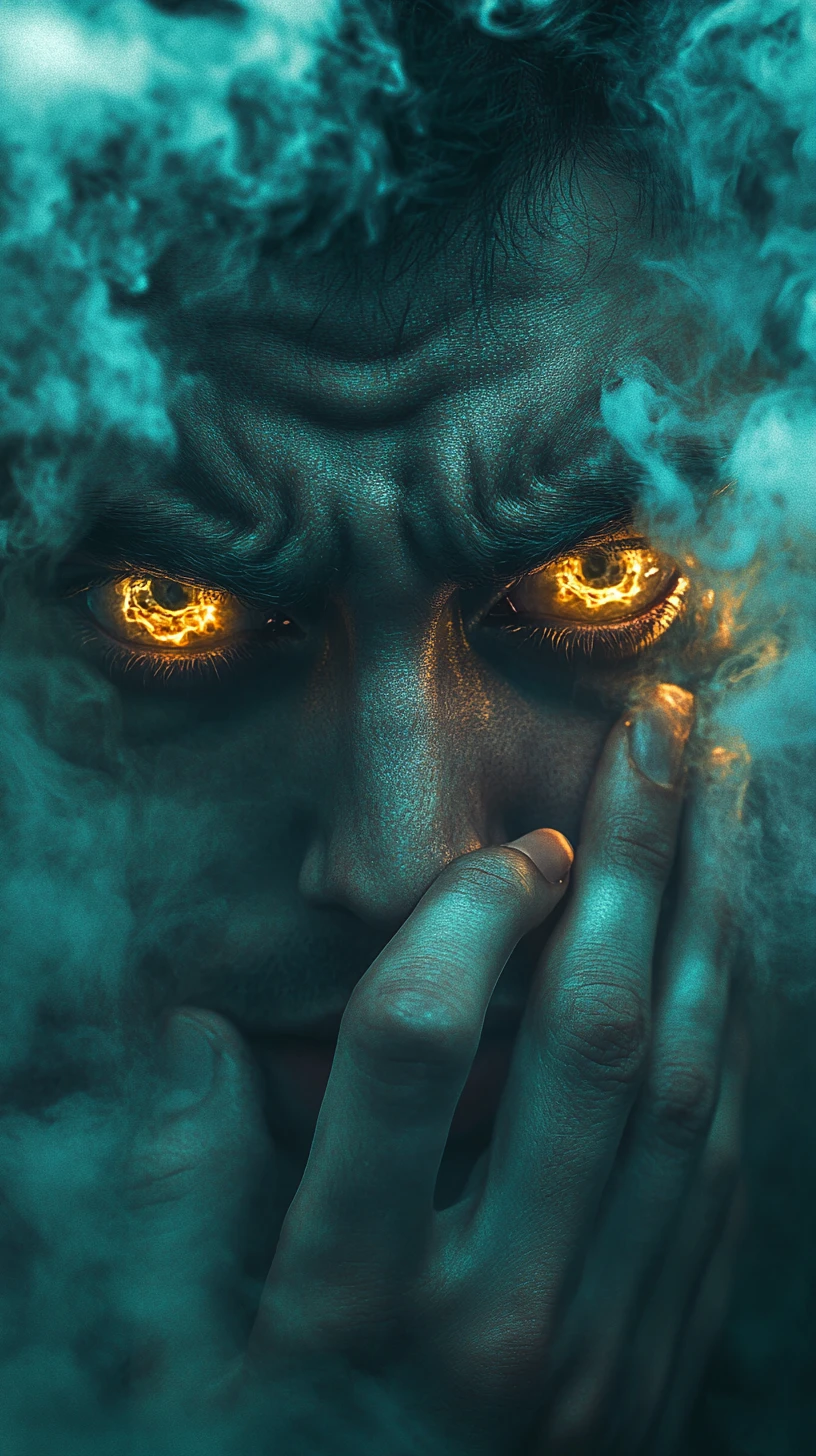Tormented man close up with molten gold glowing eyes