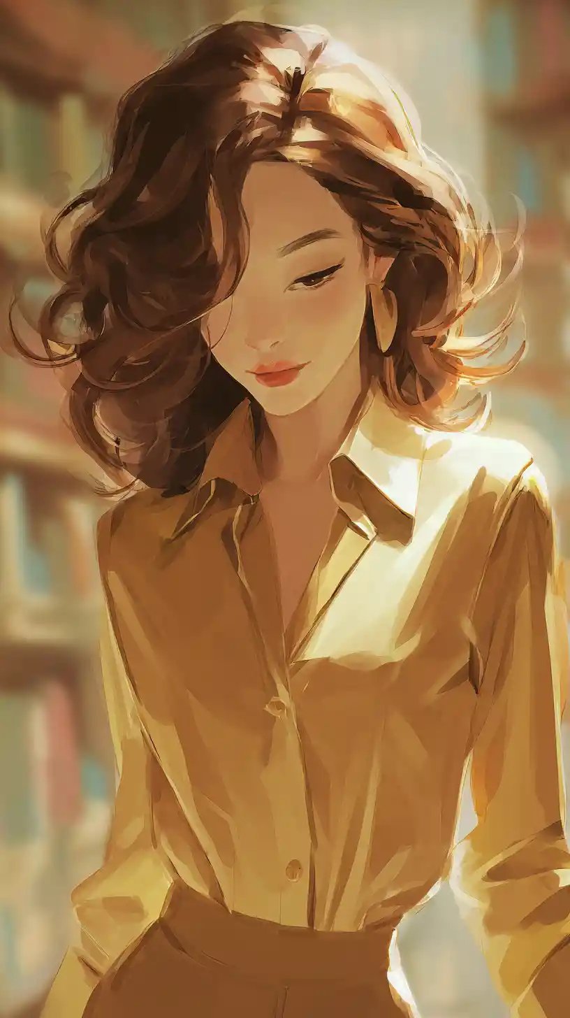 Ragazza elegante con camicia dorata in un delicato ritratto in biblioteca