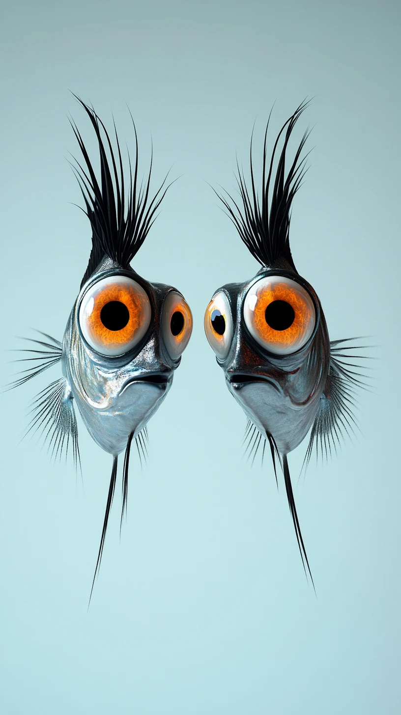 Peces gemelos surrealistas con ojos humanos sobre fondo azul