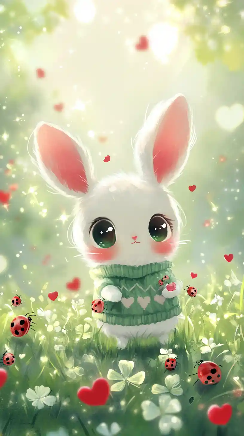 Cute cartoon creature in shamrock meadow with hearts