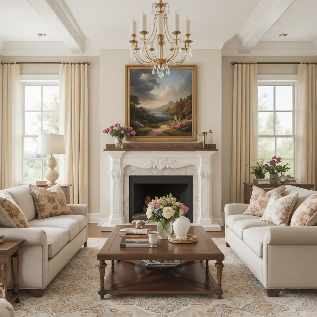 Bohemian living room with beige accents in 3D rendering