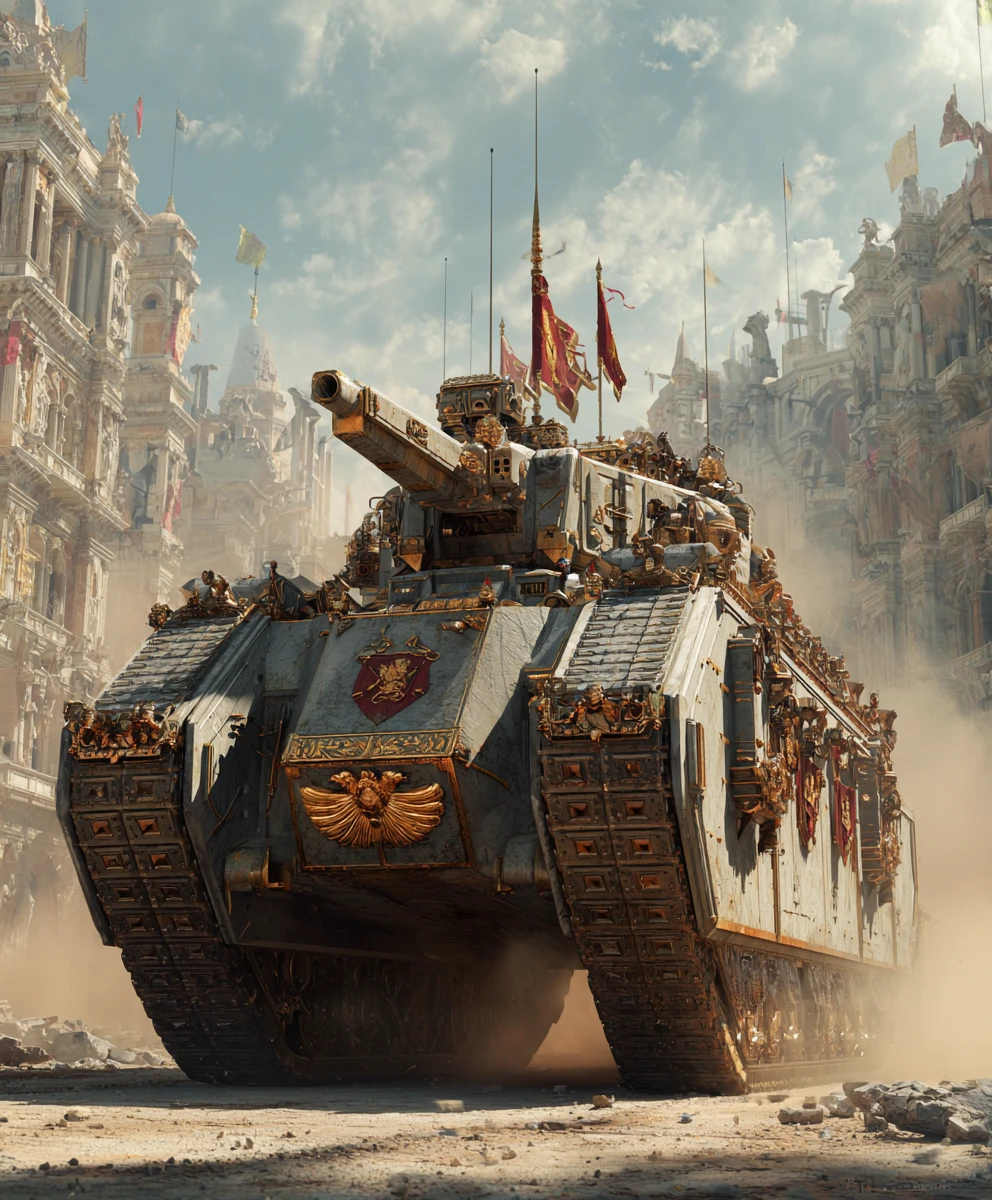 Tanque onagro de inspiración romana en calle de ciudad moderna en ruinas