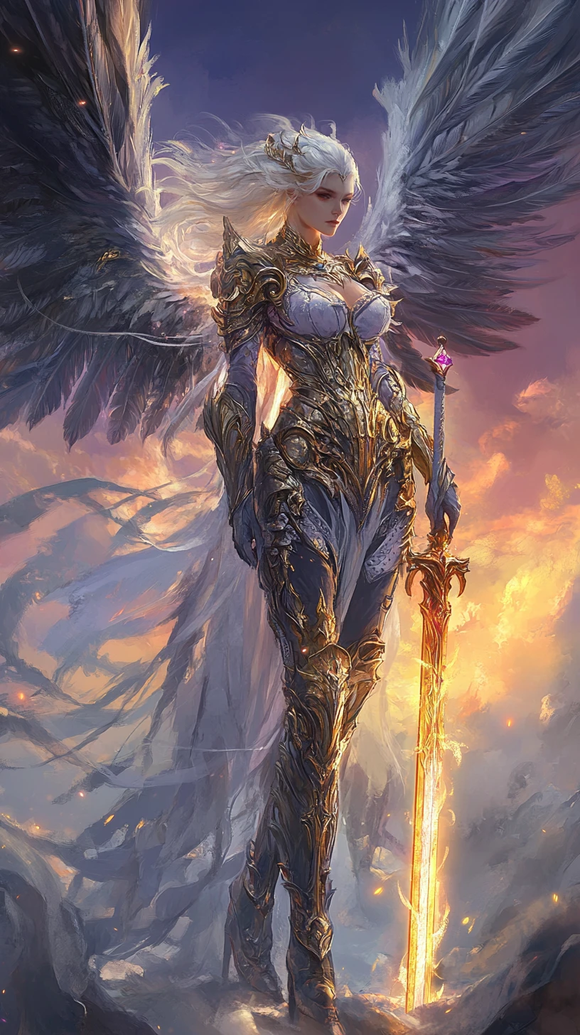 Divine winged warrior woman under glowing twilight sky