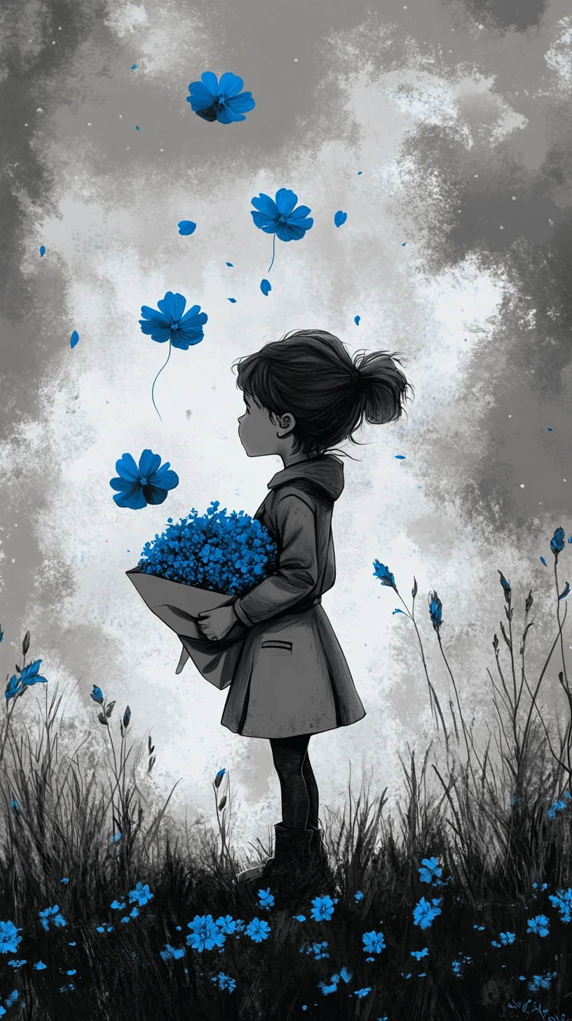 Little girl with blue flowers under a cloudy sky