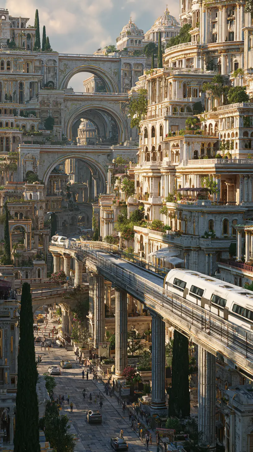Futuristic Roman city skyline with marble towers at sunset