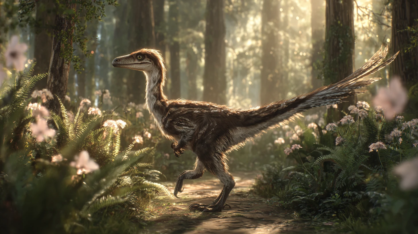 Feathered Utahraptor Standing Calmly On A Forest Trail