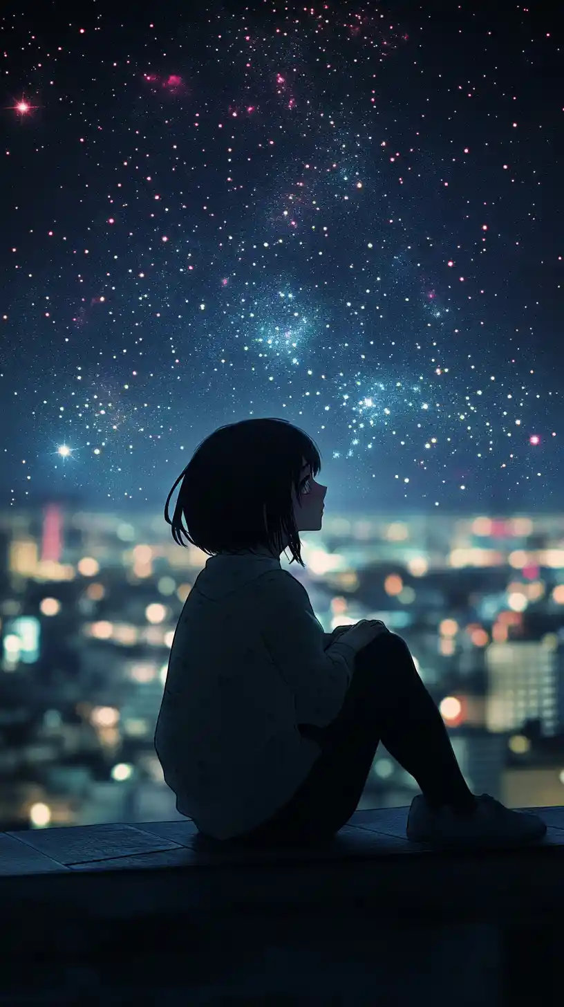Lonely anime girl on a rooftop under a starry night sky