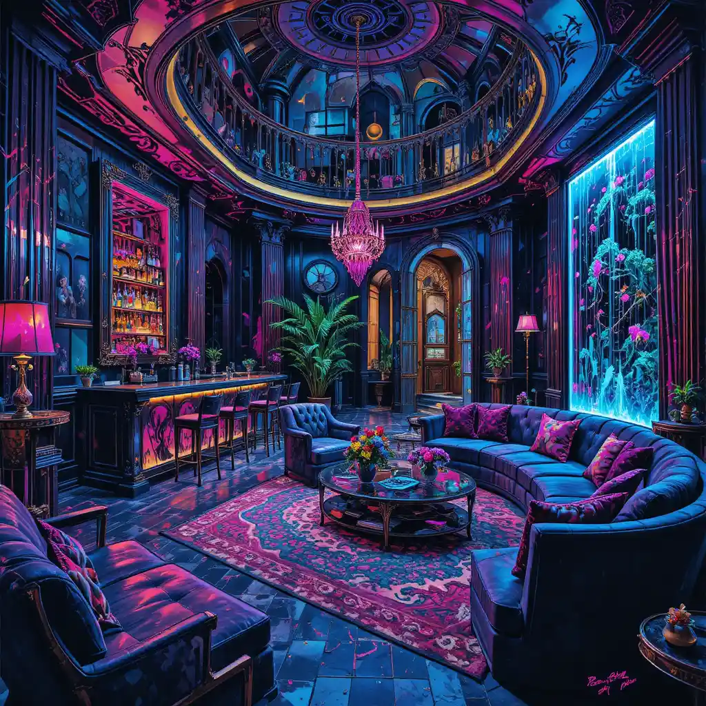 Moody maximalist living room with wet bar and water feature