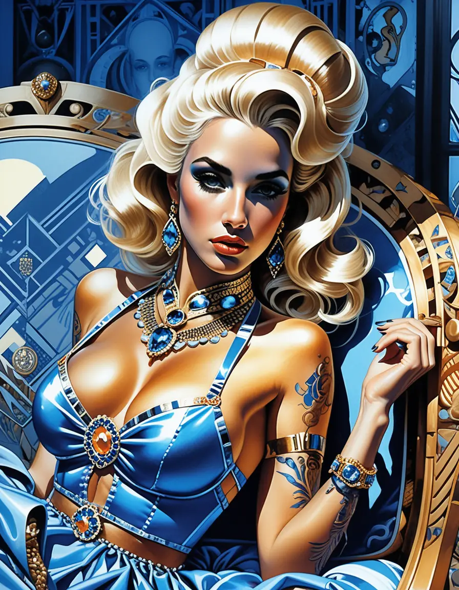 Glamorous blonde woman on velvet couch in palace study