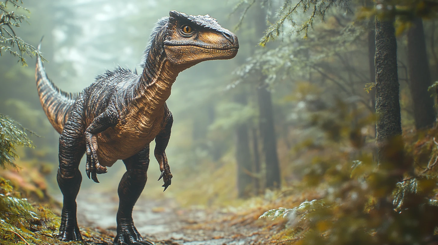Feathered Utahraptor Standing On A Quiet Forest Trail
