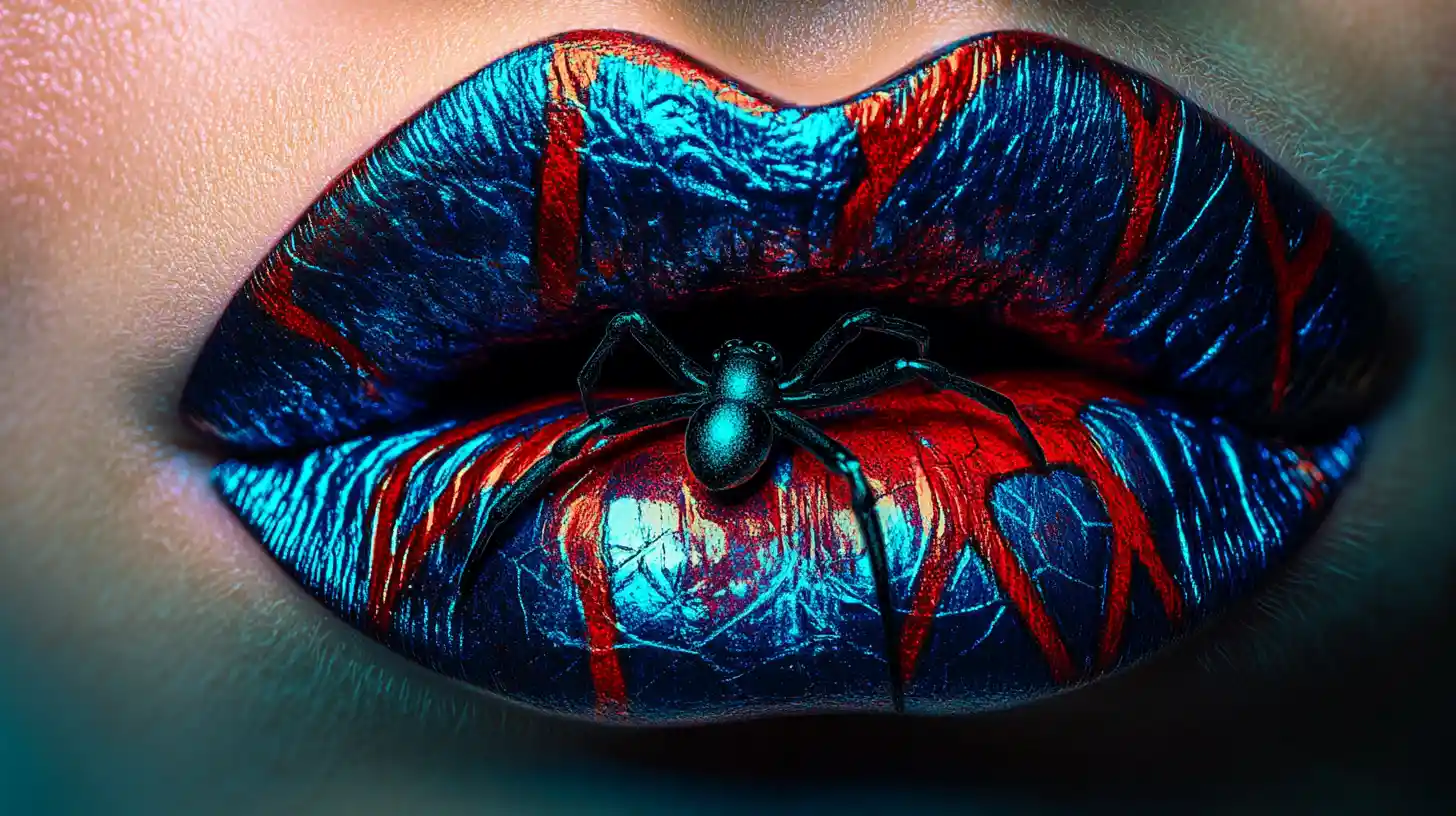 Glossy red and blue lips with a stylized spider